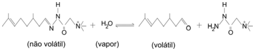 Equação química de hidrólise em meio aquoso do composto não volátil produzindo citronelal volátil