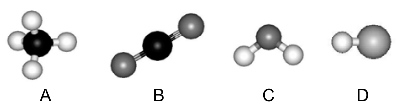 Modelos de quatro moléculas rotuladas de A a D: A possui geometria tetraédrica com um átomo central escuro ligado a quatro átomos claros; B possui geometria linear com um átomo central escuro ligado por ligações duplas a dois átomos cinzas; C possui geometria angular com um átomo cinza ligado a dois átomos claros; D é uma molécula diatômica formada por dois átomos de diferentes tamanhos e tonalidades.