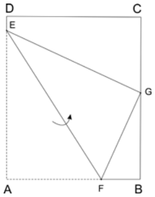 Retângulo ABCD com uma dobra ao longo do segmento EF que leva o vértice A até a posição G sobre o segmento BC. Os segmentos pontilhados indicam a posição original de AE e AF, e há uma seta curva indicando o sentido da dobra em torno de EF.