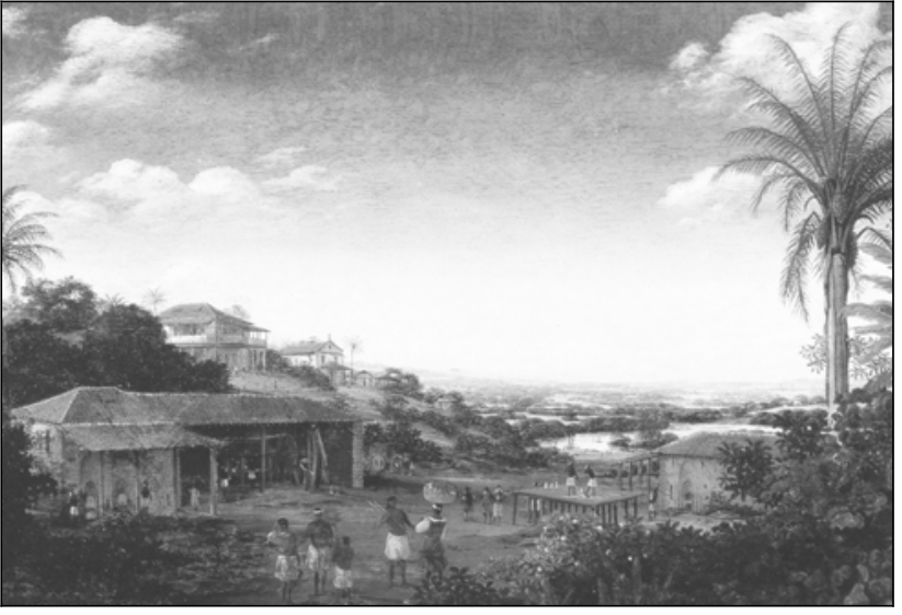 Pintura de Franz Post representando a paisagem de um engenho de açúcar, com construções rurais, vegetação tropical e escravizados trabalhando e circulando pelo pátio.