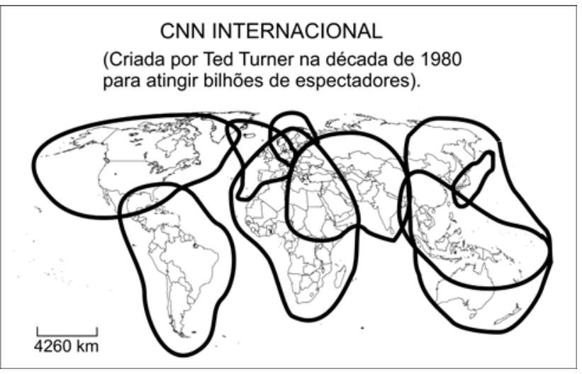 Mapa-múndi com áreas delimitadas por linhas pretas representando a cobertura dos satélites da CNN Internacional sobre os continentes.