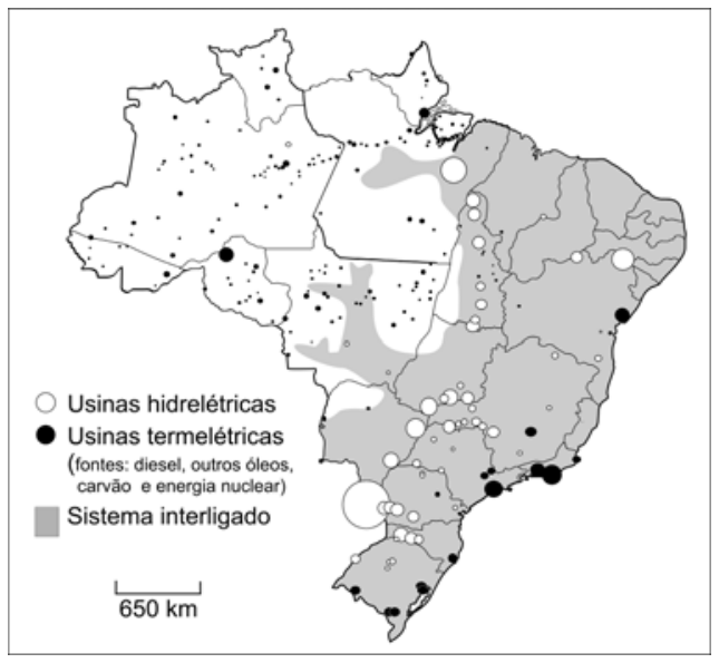 Mapa do Brasil destacando a área de abrangência do Sistema Interligado Nacional e a localização de usinas hidrelétricas e termelétricas.