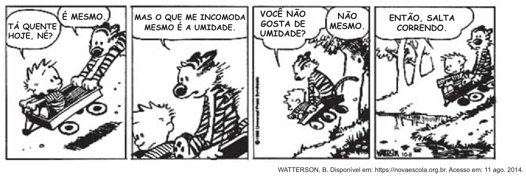 F1 Tirinha de Calvin e Haroldo em quatro quadros. No primeiro, Calvin e o tigre Haroldo estão em um carrinho descendo uma colina; Calvin diz: "TÁ QUENTE HOJE, NÉ?" e Haroldo responde: "É MESMO.". No segundo, Haroldo diz: "MAS O QUE ME INCOMODA MESMO É A UMIDADE.". No terceiro, Calvin pergunta: "VOCÊ NÃO GOSTA DE UMIDADE?" e Haroldo responde: "NÃO MESMO.". No quarto, o carrinho vai em direção a um lago e Calvin diz: "ENTÃO, SALTA CORRENDO.".