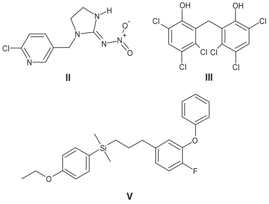 Fórmulas estruturais dos pesticidas: II (imidacloprido: anel 2-cloropiridina ligado a um anel imidazolidina com grupo nitroimina), III (bisfenol policlorado com hidroxilas fenólicas) e V (silano contendo grupos etoxifenil, dimetilsilil, cadeia propílica e anel aromático com flúor e éter difenílico).