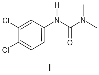 Fórmula estrutural do pesticida I: derivado de ureia contendo um anel aromático diclorado nas posições 3 e 4 ligado a um grupo -NH-C(=O)-N(CH3)2.
