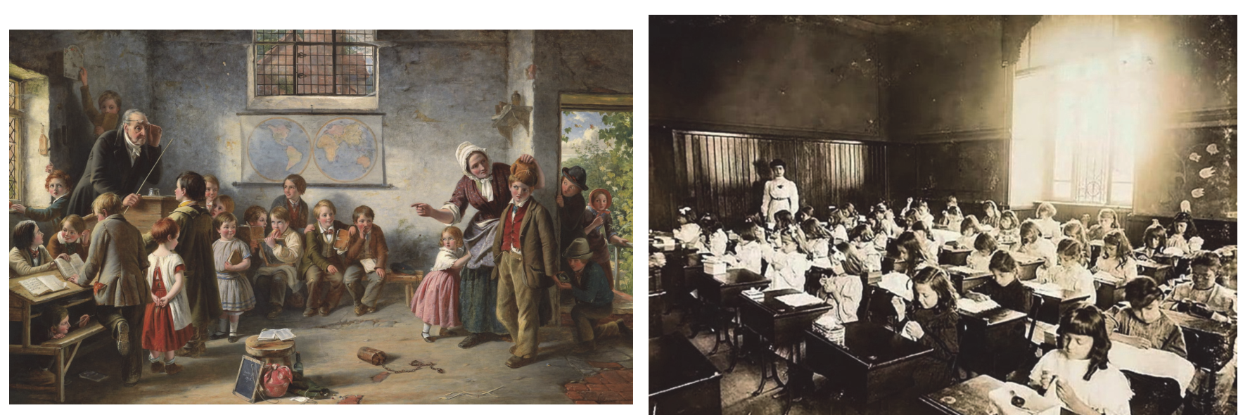 À esquerda, a pintura "O aluno novo" (1854), de Thomas Brooks, mostrando a chegada de um garoto com sua mãe a uma sala de aula rural do século XIX repleta de crianças e o professor à sua mesa; à direita, fotografia de alunas sentadas em carteiras escolares em "Meninas em aula de costura" (1895), na Escola Caetano de Campos, em São Paulo.