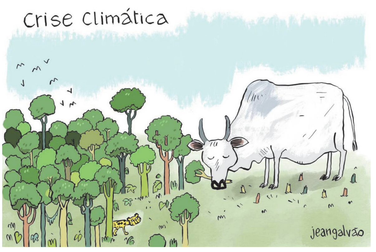 F1 Charge de Jean Galvão com o título "Crise Climática". À esquerda, vê-se uma floresta preservada com copas verdes, árvores, pássaros voando no céu e uma onça-pintada entre a vegetação. À direita, um boi branco de proporções gigantescas pasta e devora as árvores da floresta como se fossem capim. Atrás do boi, a área já desmatada exibe apenas tocos de árvores cortadas no chão. No canto inferior direito, lê-se a assinatura "jeangalvão".