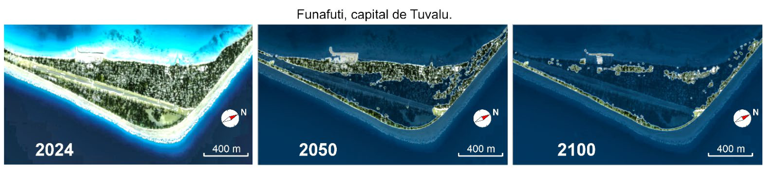 Funafuti, capital de Tuvalu: imagens da faixa de terra em 2024 e projeções de submersão para 2050 e 2100.