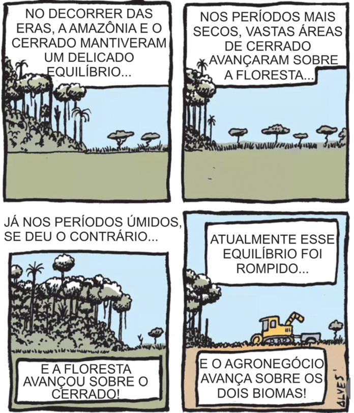 Tirinha de quatro quadros, assinada por ALVES, sobre a relação entre a Amazônia e o Cerrado. No primeiro quadro, a floresta aparece ao lado de árvores esparsas do Cerrado, com o texto: “NO DECORRER DAS ERAS, A AMAZÔNIA E O CERRADO MANTIVERAM UM DELICADO EQUILÍBRIO...”. No segundo, a floresta ocupa uma faixa menor e predominam árvores esparsas, com o texto: “NOS PERÍODOS MAIS SECOS, VASTAS ÁREAS DE CERRADO AVANÇARAM SOBRE A FLORESTA...”. Acima do terceiro quadro está escrito: “JÁ NOS PERÍODOS ÚMIDOS, SE DEU O CONTRÁRIO...”; nele, a floresta ocupa quase todo o espaço, e o texto inferior diz: “E A FLORESTA AVANÇOU SOBRE O CERRADO!”. No quarto quadro, uma máquina derruba a vegetação, com os textos: “ATUALMENTE ESSE EQUILÍBRIO FOI ROMPIDO...” e “E O AGRONEGÓCIO AVANÇA SOBRE OS DOIS BIOMAS!”.