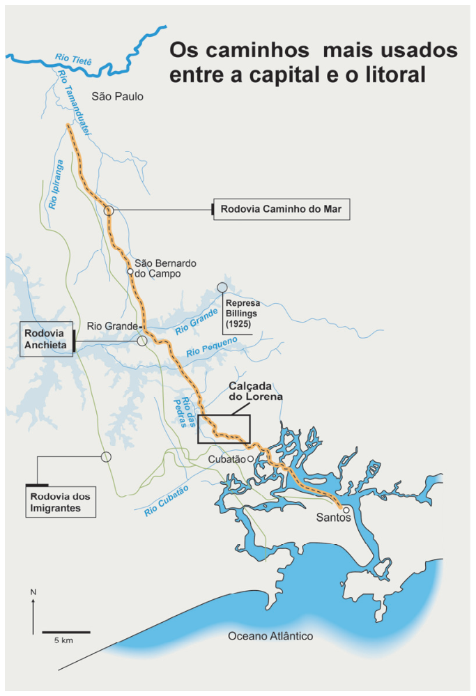 Mapa com o título "Os caminhos mais usados entre a capital e o litoral", mostrando o trajeto entre São Paulo e a Baixada Santista, indicando a Rodovia Caminho do Mar, a Rodovia Anchieta, a Rodovia dos Imigrantes, a Represa Billings (1925), os rios da bacia hidrográfica e um destaque em caixa para a Calçada do Lorena.