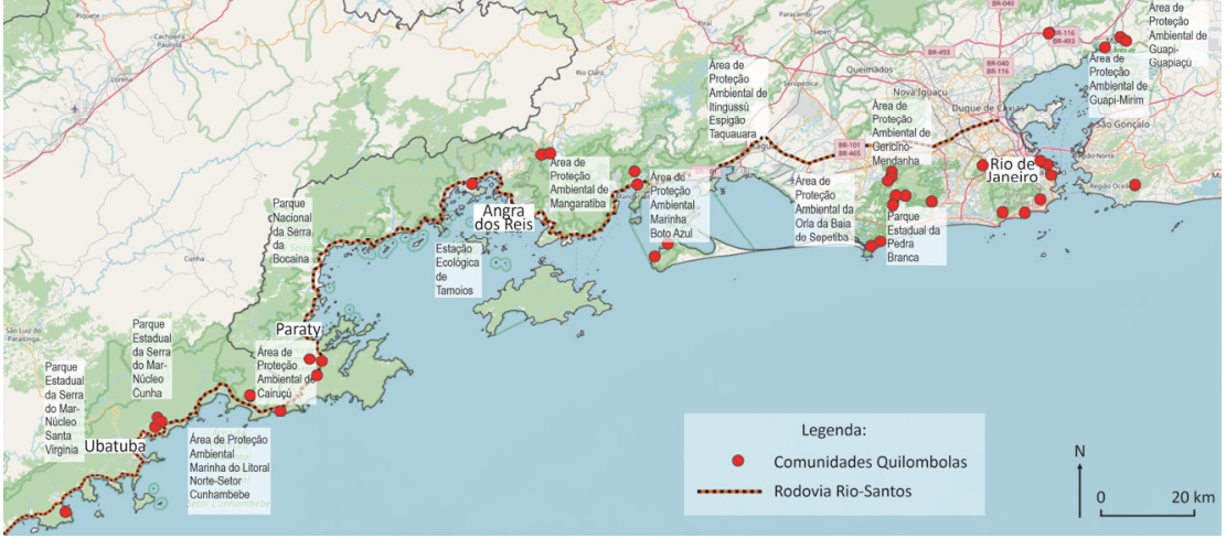 Mapa do litoral entre Ubatuba, Paraty, Angra dos Reis e Rio de Janeiro. A legenda identifica comunidades Quilombolas por círculos vermelhos e a Rodovia Rio-Santos por uma linha tracejada preta e laranja. Os pontos de comunidades distribuem-se ao longo do litoral e nas proximidades da rodovia. Estão identificados o Parque Estadual da Serra do Mar – Núcleo Santa Virgínia, o Parque Estadual da Serra do Mar – Núcleo Cunha, o Parque Nacional da Serra da Bocaina, a Área de Proteção Ambiental Marinha do Litoral Norte-Setor Cunhambebe, a Área de Proteção Ambiental de Cairuçu, a Estação Ecológica de Tamoios, a Área de Proteção Ambiental de Mangaratiba, a Área de Proteção Ambiental Marinha Boto Azul, a Área de Proteção Ambiental de Itinguçu Espigão Taquara, a Área de Proteção Ambiental da Orla da Baía de Sepetiba, a Área de Proteção Ambiental Gericinó-Mendanha, o Parque Estadual da Pedra Branca, a Área de Proteção Ambiental de Guapi-Mirim e a Área de Proteção Ambiental de Guapi-Guapiaçu. No canto inferior direito, uma seta indica o norte e uma escala gráfica vai de 0 a 20 km.