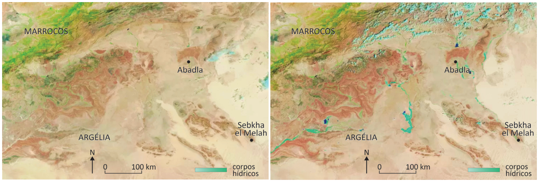 Duas imagens de satélite comparativas de uma região desértica entre Marrocos e Argélia, com cidades como Abadla e a bacia de Sebkha el Melah identificadas. A imagem da esquerda, de 14 de agosto de 2024, mostra a paisagem árida quase sem corpos hídricos visíveis; a da direita, de 10 de setembro de 2024, revela o aparecimento de cursos e corpos hídricos em tom azul/turquesa após chuvas intensas. Ambas contêm escala gráfica de 100 km e rosa dos ventos indicando o Norte.