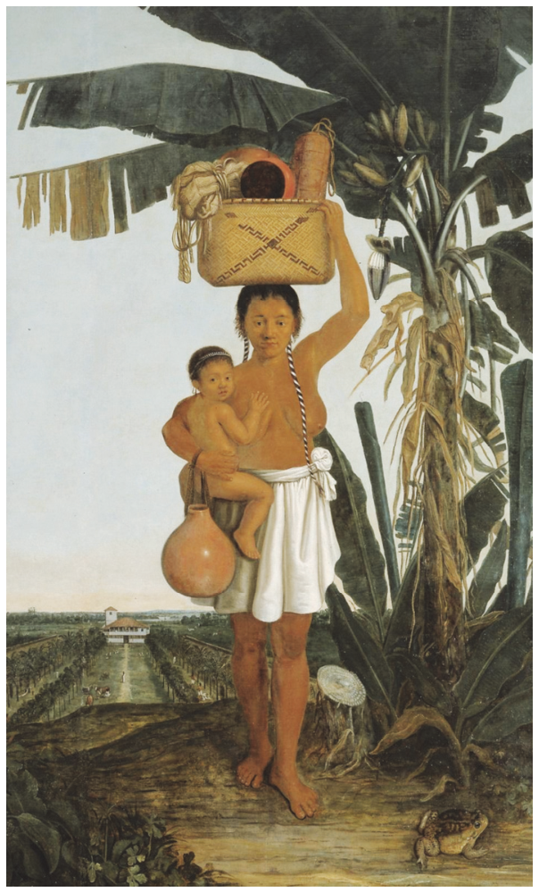 Mulher Tupi, 1641, pintura a óleo de Albert Eckhout retratando uma mulher indígena segurando uma criança e uma cabaça, com cesto na cabeça e plantação ao fundo