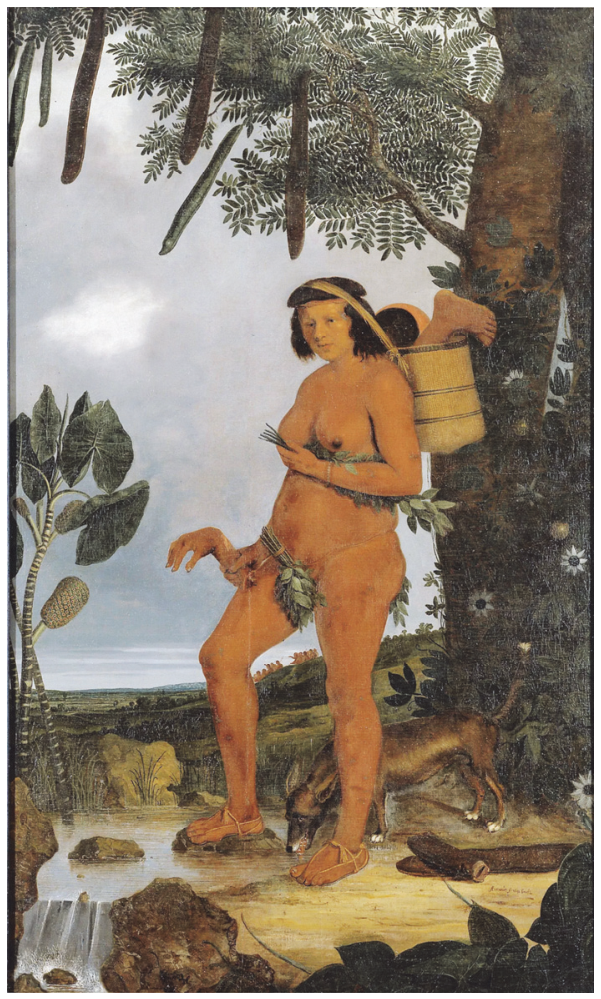 Mulher Tapuia, 1641, pintura a óleo de Albert Eckhout retratando uma mulher indígena segurando partes do corpo humano, com cesto nas costas e vegetação silvestre
