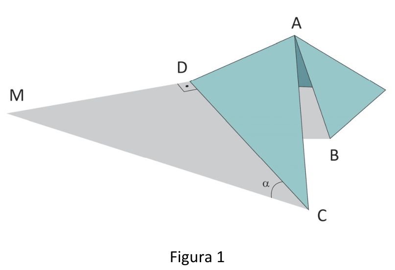 Figura 1: Obra em metal dobrada no espaço com vértices D, A, B, C e sombra DMC projetada com ângulo reto em D e ângulo alfa em C.