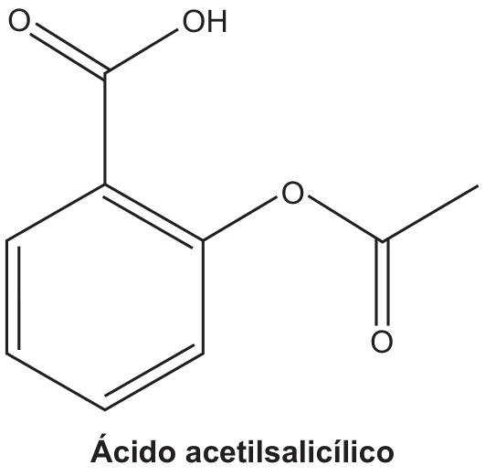 Fórmula estrutural plana da molécula de ácido acetilsalicílico, formada por um anel benzênico ligado a um grupo carboxila (-COOH) e a um grupo éster derivado do acetato (-OCOCH3) em posições adjacentes (orto).