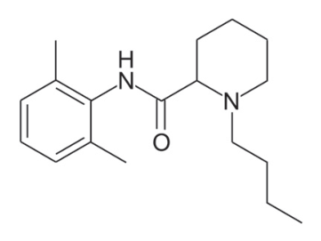 Fórmula estrutural da bupivacaína, apresentando um anel aromático 2,6-dimetilado ligado a uma função amida conectada a um anel piperidínico N-butilado.
