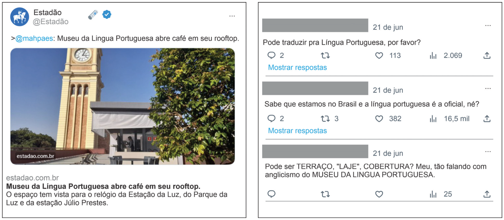 Publicação do jornal Estadão na rede social X anunciando "Museu da Língua Portuguesa abre café em seu rooftop" com foto do local, acompanhada de três comentários de usuários reagindo criticamente ao uso do termo em inglês "rooftop".