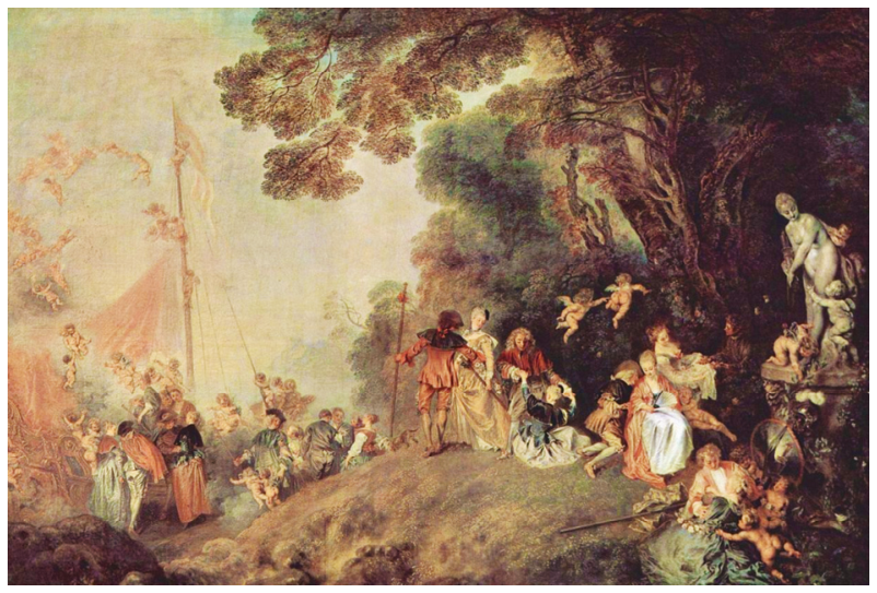 Pintura "O embarque para a ilha de Citera", de Antoine Watteau, representando um grupo de amantes em trajes elegantes em meio a uma paisagem com árvores, querubins e uma embarcação ao fundo.