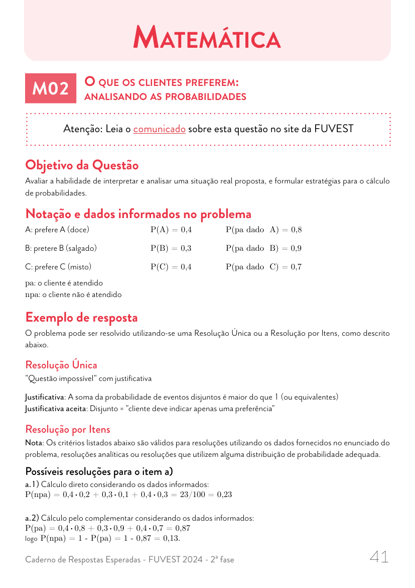 Resposta esperada no documento da FUVEST