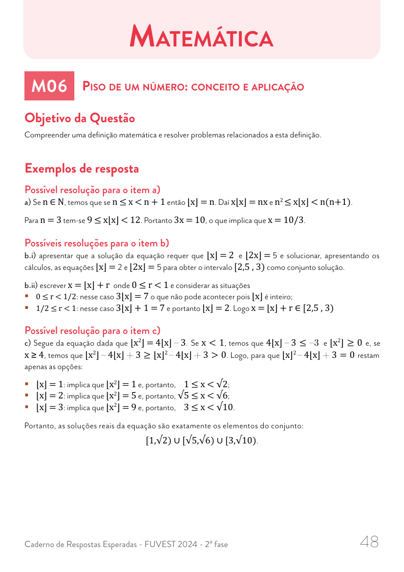 Resposta esperada no documento da FUVEST