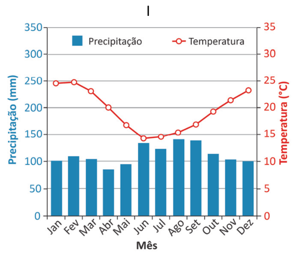 Gráfico I: Precipitação (mm) em barras azuis e Temperatura (°C) em linha vermelha ao longo dos meses do ano, de janeiro a dezembro.