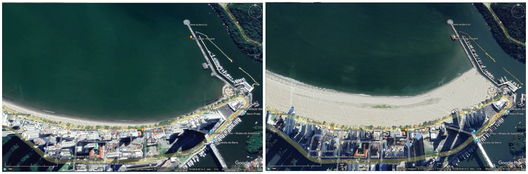 Duas imagens de satélite do Google Earth mostrando a orla e o Molhe da Barra Sul em Balneário Camboriú (SC). À esquerda, em abril de 2021, a faixa de areia é estreita; à direita, em maio de 2023, a faixa de areia aparece consideravelmente alargada.