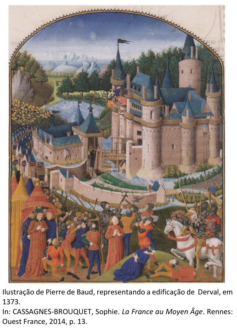 Ilustração medieval representando a fortificação de Derval, com altas muralhas de pedra, torres pontiagudas, fosso e ponte levadiça. Em primeiro plano, soldados armados com arcos e lanças, nobres com vestes longas e cavaleiros com armaduras cercam a fortificação.