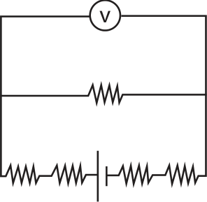 Circuito elétrico com três ramos em paralelo: voltímetro no topo, resistor no meio e uma fonte associada a quatro resistores na base