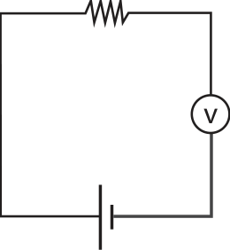 Circuito elétrico com resistor, voltímetro e uma fonte em série