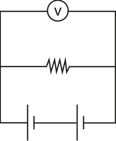 Circuito elétrico com três ramos em paralelo: voltímetro no topo, resistor no meio e duas fontes em série no mesmo sentido na base