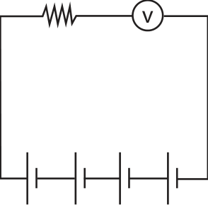 Circuito elétrico em série com resistor, voltímetro e quatro fontes associadas