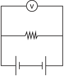 Circuito elétrico com três ramos em paralelo: voltímetro no topo, resistor no meio e duas fontes em oposição na base