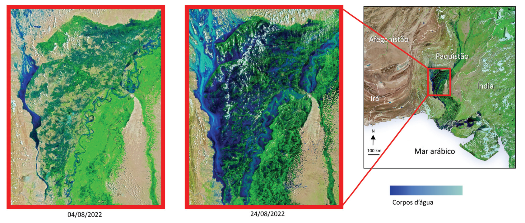 Duas imagens de satélite comparativas de 04/08/2022 e 24/08/2022 mostrando a bacia do rio Indo no Paquistão antes e depois de grandes inundações, onde corpos d'água aparecem em tons de azul escuro a azul claro cobrindo extensas áreas da planície, acompanhadas de um mapa de localização regional do Paquistão entre Afeganistão, Irã, Índia e o Mar Arábico.