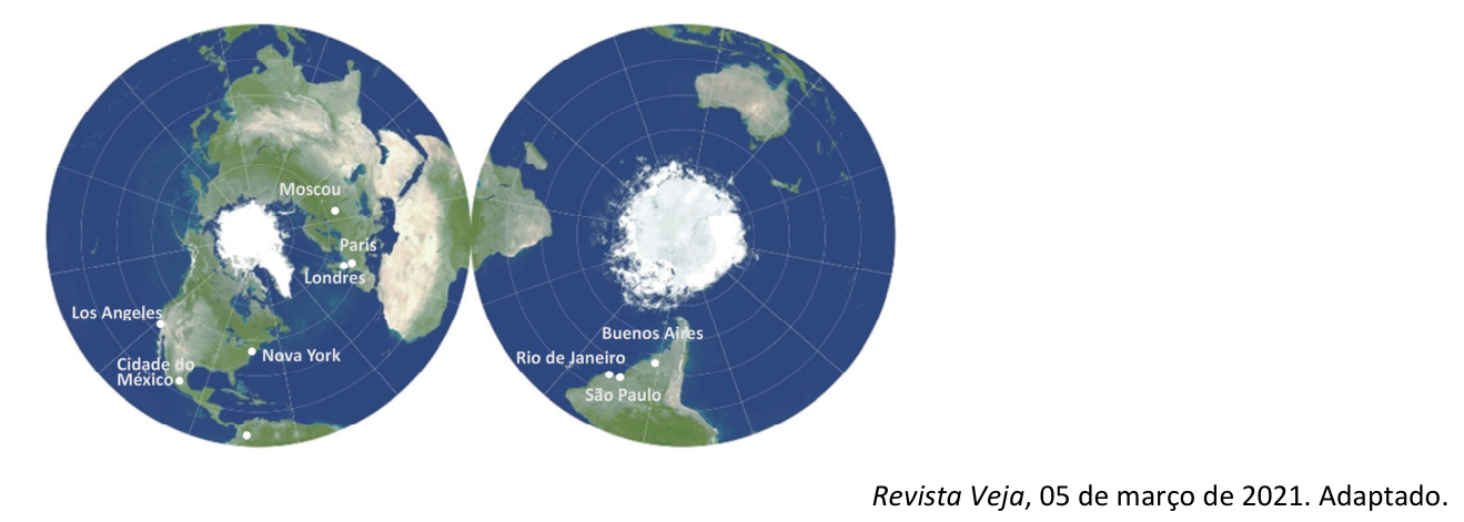 Novo mapa-múndi proposto em formato de disco duplo contíguo, com projeções centradas nos polos Norte e Sul e cidades assinaladas como Moscou, Paris, Londres, Nova York, Los Angeles, Cidade do México, Buenos Aires, Rio de Janeiro e São Paulo. No canto inferior direito consta o crédito: Revista Veja, 05 de março de 2021. Adaptado.
