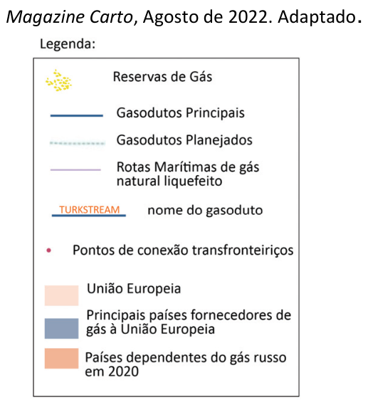 F2 Legenda do mapa, com convenções para reservas de gás, gasodutos principais e planejados, rotas marítimas de gás natural liquefeito, nomes de gasodutos, pontos de conexão transfronteiriços, União Europeia, principais países fornecedores e países dependentes do gás russo em 2020.