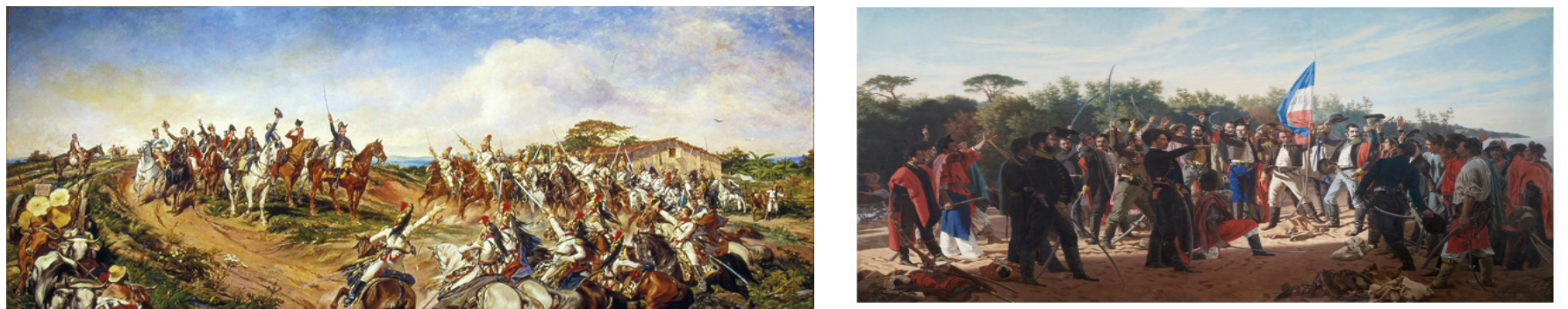 F1 Duas pinturas lado a lado. À esquerda, “Independência ou morte”, de Pedro Américo: D. Pedro, a cavalo, ergue a espada, cercado por militares montados, com espadas levantadas; à margem do caminho há populares, animais e um carro de bois, em uma paisagem rural. À direita, “El Juramento de los treinta y tres orientales”, de Blanes: um grupo de homens armados, com roupas variadas, reúne-se em terreno plano ao redor de uma bandeira azul, branca e vermelha; alguns erguem os braços ou as armas.