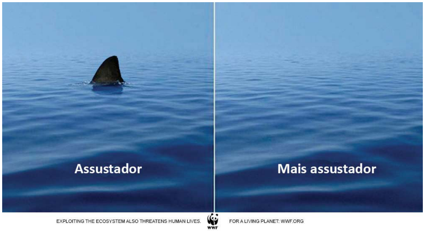 Anúncio da WWF dividido em dois painéis com a superfície azul do mar. No painel esquerdo, uma barbatana de tubarão emerge da água, acima da palavra “Assustador”. No painel direito, não há barbatana, e aparece a expressão “Mais assustador”. Na faixa inferior, estão o texto “EXPLOITING THE ECOSYSTEM ALSO THREATENS HUMAN LIVES.”, o logotipo da WWF e o texto “FOR A LIVING PLANET: WWF.ORG”.
