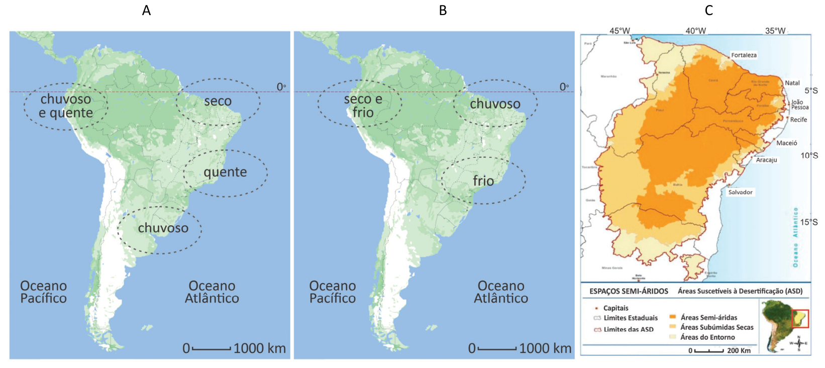 Mapas A e B mostrando a América do Sul com alterações climáticas no verão, e mapa C mostrando as Áreas Suscetíveis à Desertificação (ASD) no semiárido brasileiro. No mapa A, há marcações de "chuvoso e quente" a noroeste, "seco" no Nordeste, "quente" no Sudeste e "chuvoso" no Sul. No mapa B, há marcações de "seco e frio" a noroeste, "chuvoso" no Nordeste e "frio" no Sudeste. O mapa C delimita áreas semiáridas, subúmidas secas e do entorno no Nordeste e norte de Minas Gerais.