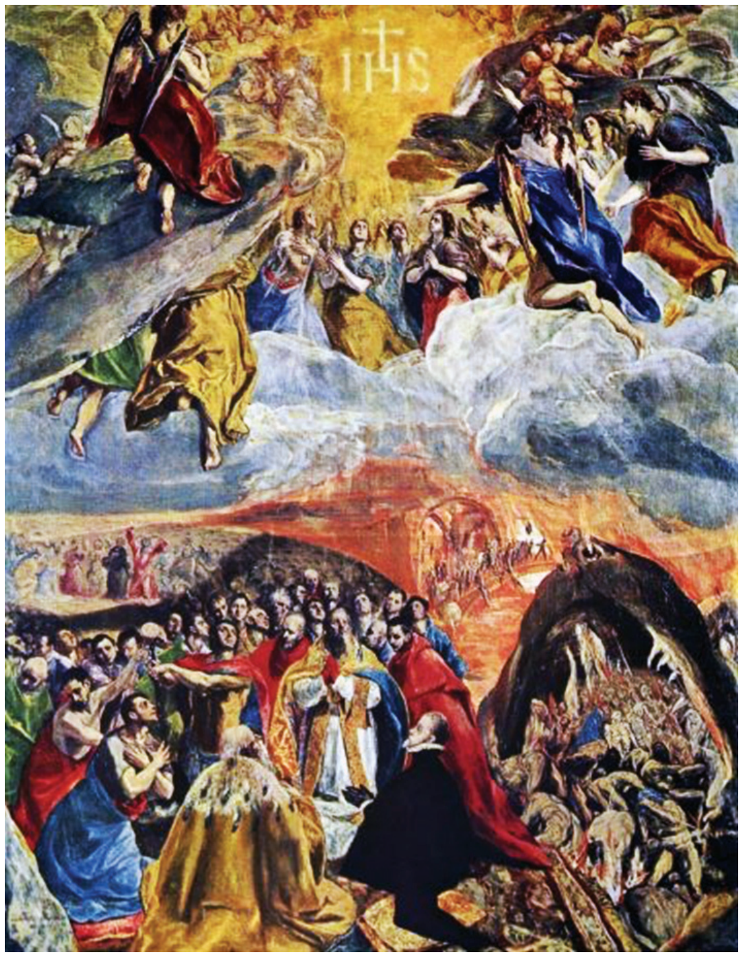 Pintura a óleo de El Greco composta por dois planos principais: o celestial na metade superior e o terreno e infernal na metade inferior. No céu, anjos e beatos cercam, em adoração, o monograma "IHS" sob uma cruz iluminada por luz dourada. No plano inferior, homens da Igreja, nobres e governantes ajoelham-se em oração, incluindo o rei Filipe II em vestes pretas no primeiro plano, voltados para a luz divina. À direita, a representação da boca do Inferno engole pecadores em chamas e tormento.