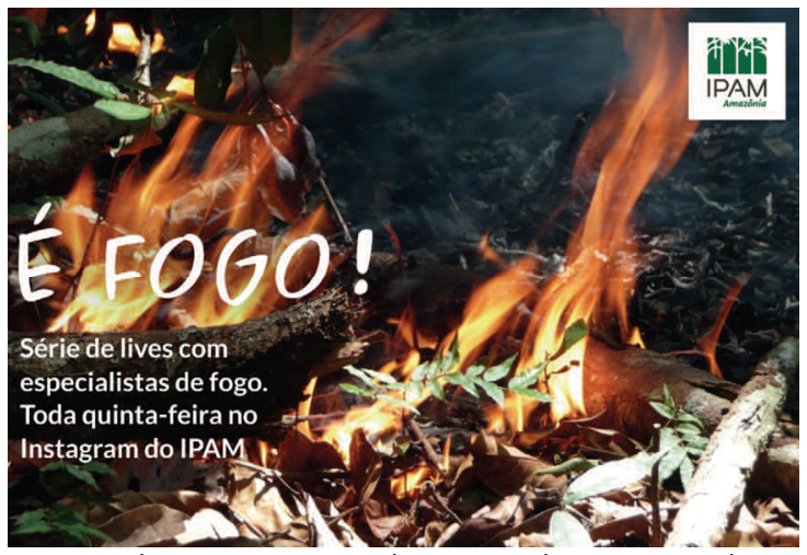 Cartaz de divulgação com imagem de queimada na floresta com chamas sobre folhas secas e galhos caídos e a logomarca do IPAM Amazônia. Sobre a imagem, lê-se: "É FOGO! Série de lives com especialistas de fogo. Toda quinta-feira no Instagram do IPAM".
