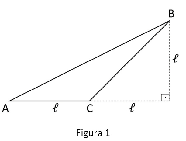 Figura 1: Triângulo obtusângulo ABC com lado AC de comprimento , prolongamento horizontal pontilhado de comprimento  e segmento vertical pontilhado de altura  perpendicular ao prolongamento, ligando ao vértice B.