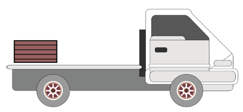 Ilustração em vista lateral de um caminhão voltado para a direita transportando uma caixa sobre a carroceria aberta.