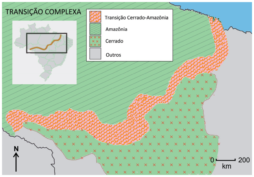 Mapa intitulado "TRANSIÇÃO COMPLEXA" destacando uma faixa sinuosa de transição entre os biomas Amazônia e Cerrado no Brasil, com legenda identificando Transição Cerrado-Amazônia, Amazônia, Cerrado e Outros, além de escala gráfica e rosa dos ventos indicando o norte.