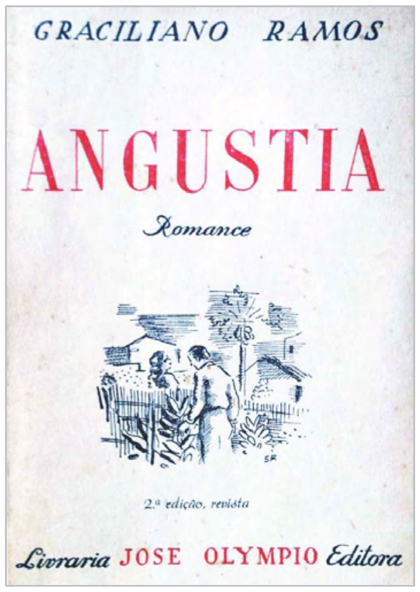 Capa da 2ª edição de Angústia (1941), ilustrada por Santa Rosa, exibindo um homem de costas conversando com uma mulher através de uma cerca de madeira.