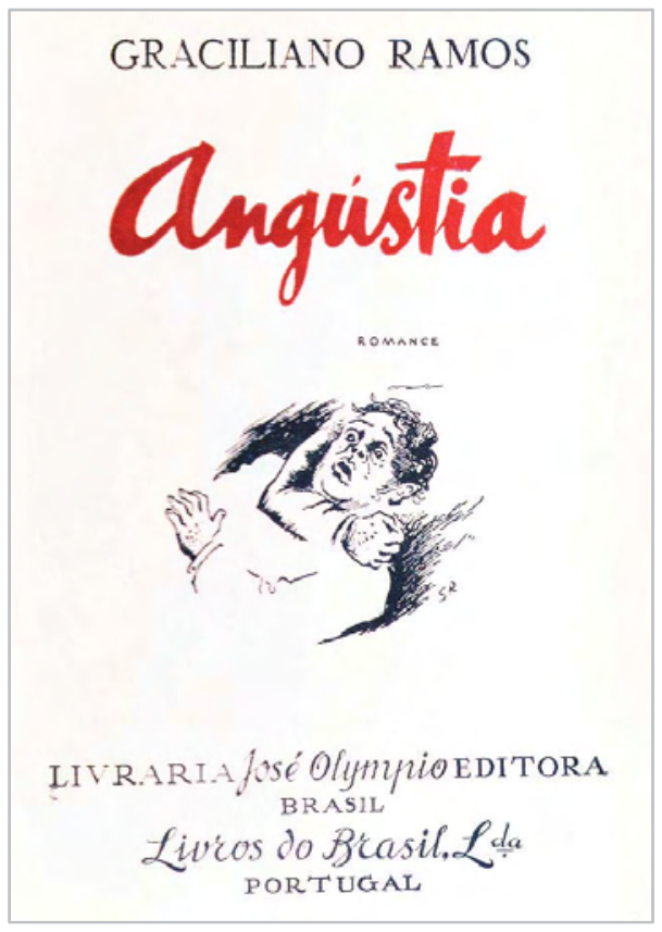 Capa da 3ª edição de Angústia (1947), ilustrada por Santa Rosa, mostrando a figura de um homem deitado, com expressão de agonia, pavor e mãos erguidas.