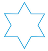 Contorno azul de uma estrela de seis pontas, obtida acrescentando um triângulo equilátero ao terço central de cada lado do triângulo inicial, correspondente ao Passo 1.