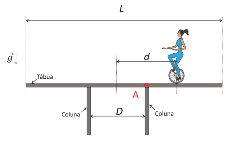 Ilustração de uma tábua uniforme de comprimento L apoiada sobre duas colunas separadas por uma distância D, com aceleração da gravidade g indicada para baixo. Uma equilibrista em monociclo está apoiada sobre a tábua a uma distância d à direita do centro da tábua, ultrapassando o ponto de apoio A sobre a coluna da direita.
