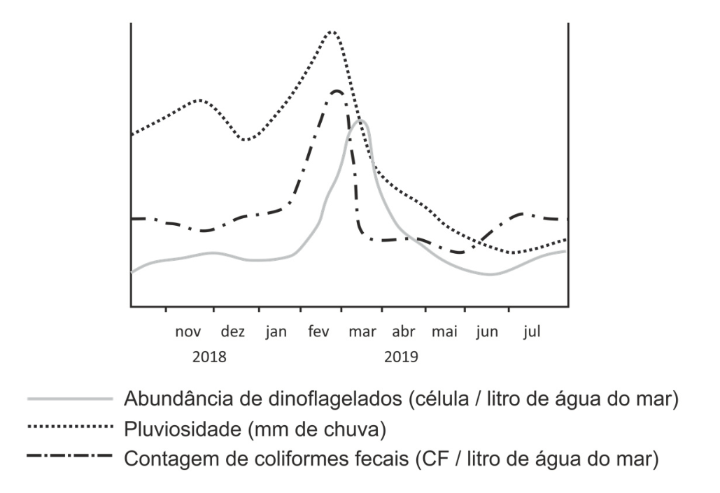 Gráfico de linhas mostrando a variação temporal entre o final de 2018 e meados de 2019 (meses de novembro e dezembro de 2018, e janeiro a julho de 2019) de três variáveis: pluviosidade (linha pontilhada), contagem de coliformes fecais (linha traço-ponto) e abundância de dinoflagelados (linha contínua cinza). A pluviosidade e a contagem de coliformes fecais apresentam um pico em fevereiro de 2019, seguidos por um pico na abundância de dinoflagelados no início de março de 2019.