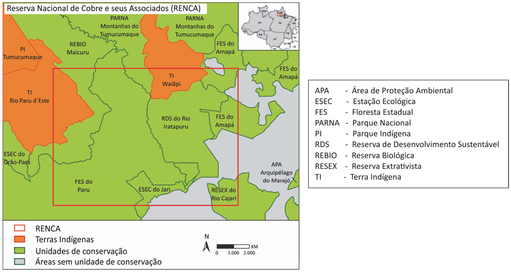 Mapa da área da RENCA na Amazônia com sobreposição de Terras Indígenas e Unidades de Conservação, acompanhado de legenda explicativa das siglas.